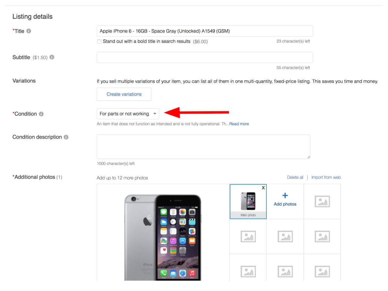 To sell a cracked iPhone on eBay, select the "For parts or not working" condition category.