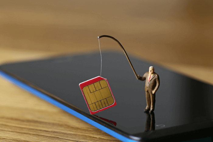tiny man standing on a cellphone holding a SIM card